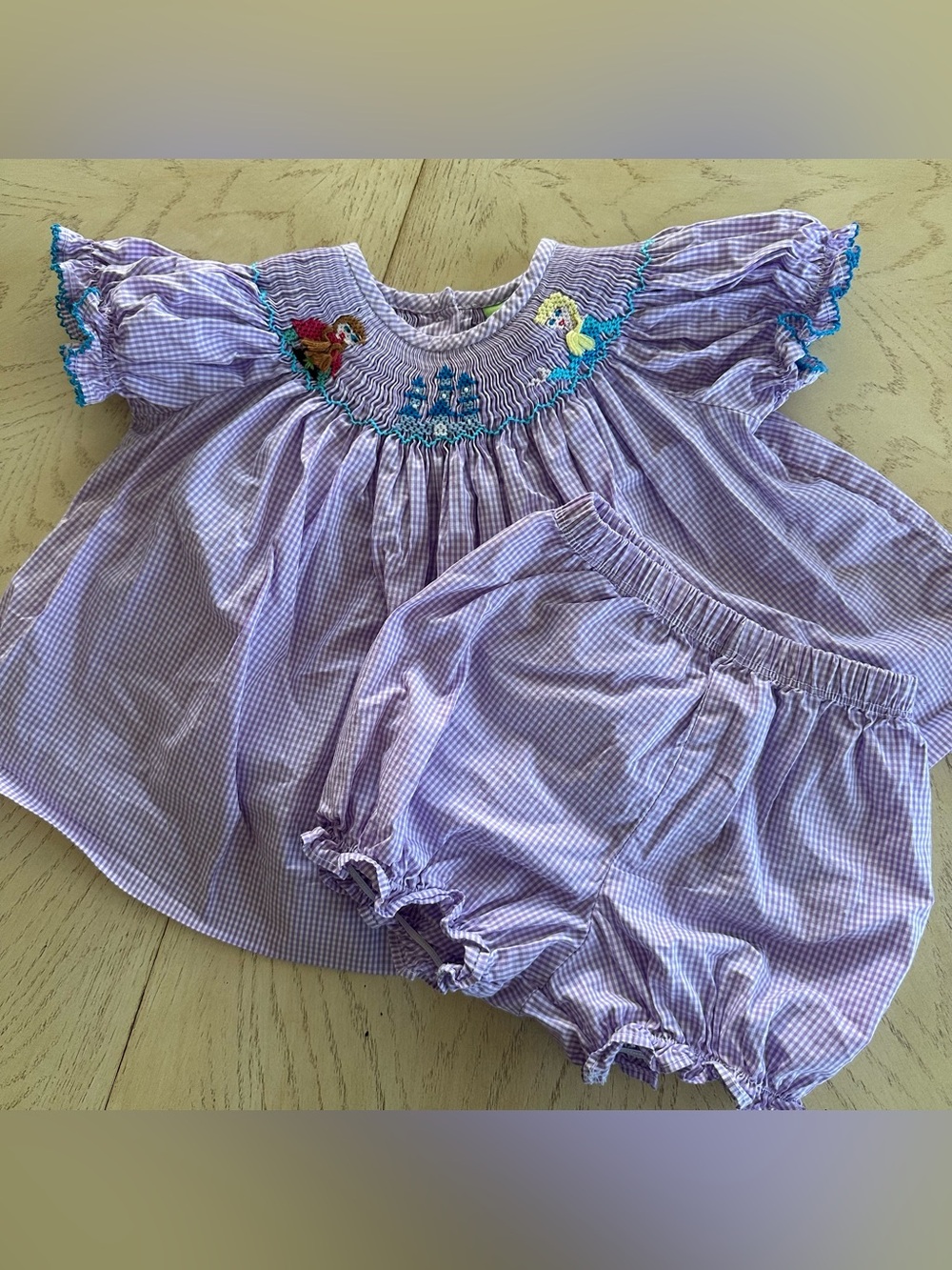 Classic Whimsy Frozen Elsa Castle Hand Smocked Gingham Purple Dress Set 9 Months
